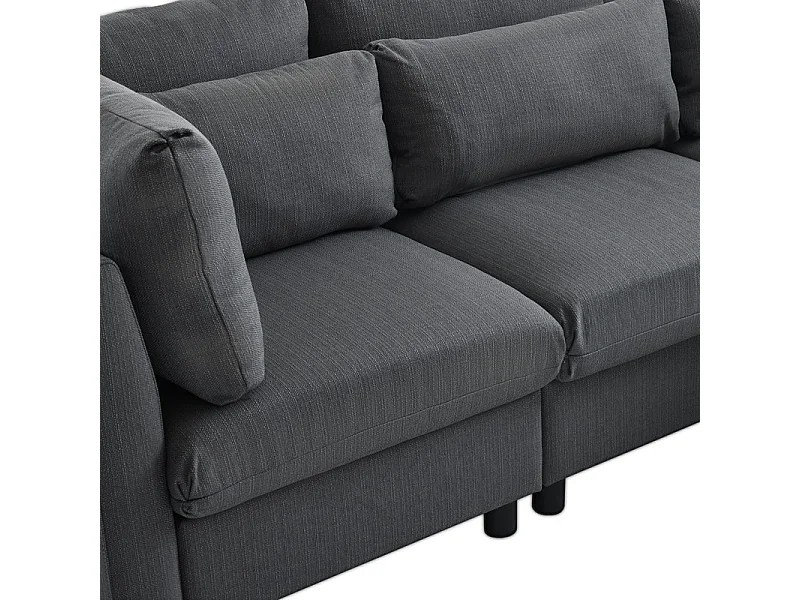Canapé 3 places en tissu lin, avec pouf, 3 oreillers lombaires et 2 oreillers, 220x83x81cm, Gris