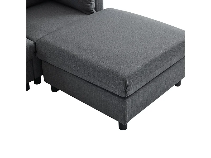 Canapé 3 places en tissu lin, avec pouf, 3 oreillers lombaires et 2 oreillers, 220x83x81cm, Gris