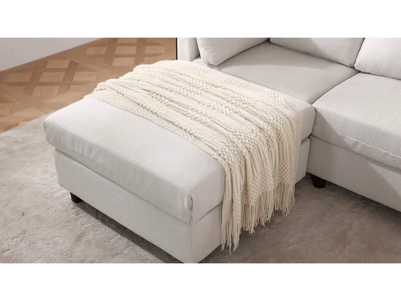 Canapé 3 places en tissu lin, avec pouf, 3 oreillers lombaires et 2 oreillers, 220x83x81cm, Gris