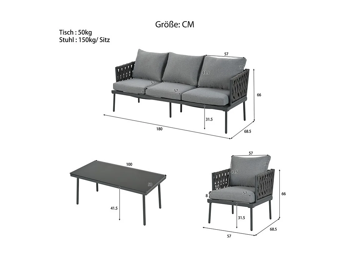Gartenset aus Stahl - 3-Sitzer Sofa, 2 Sessel und Couchtisch - geflochtene Seilen-Armlehnen - Grau