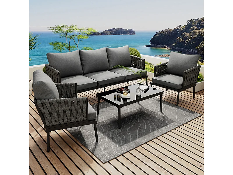 Gartenset aus Stahl - 3-Sitzer Sofa, 2 Sessel und Couchtisch - geflochtene Seilen-Armlehnen - Grau