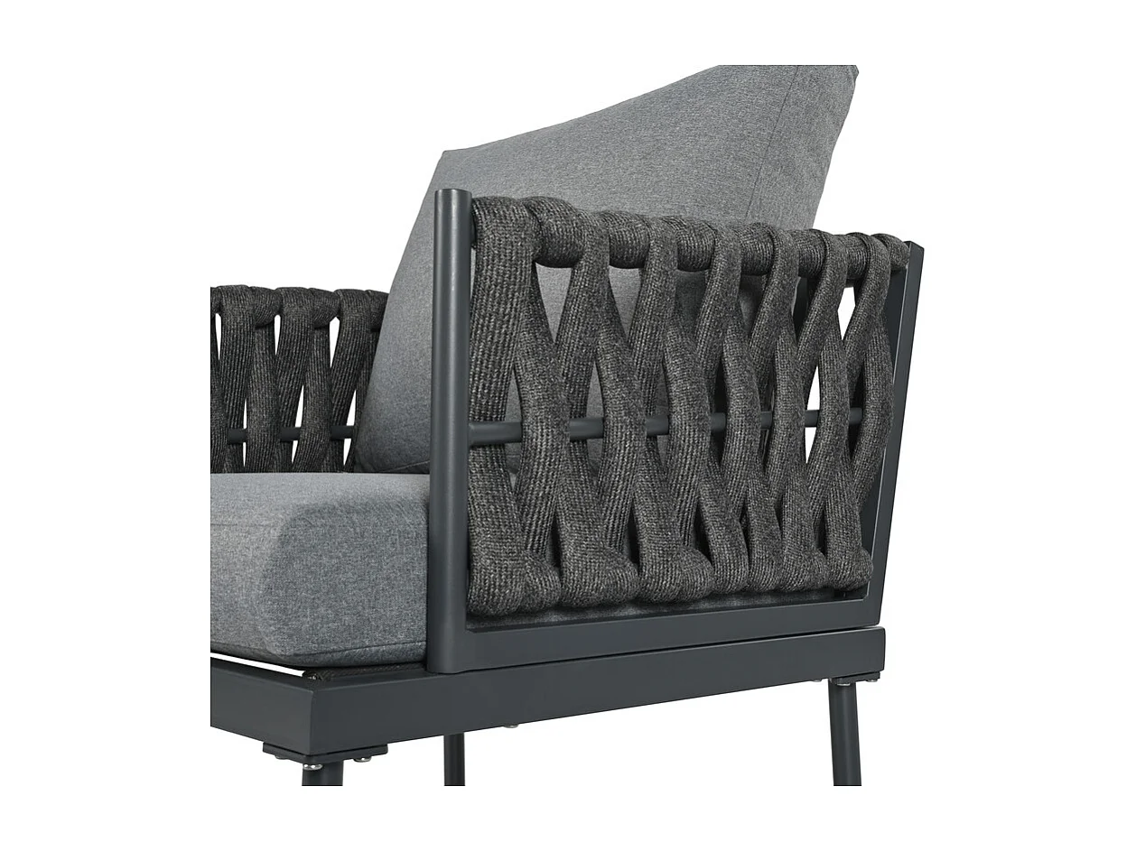 Gartenset aus Stahl - 3-Sitzer Sofa, 2 Sessel und Couchtisch - geflochtene Seilen-Armlehnen - Grau
