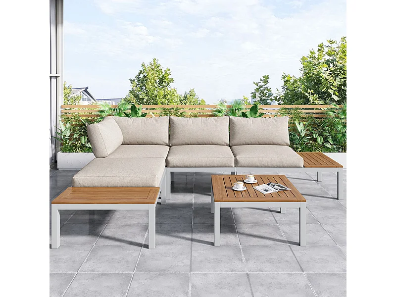 Salon de jardin en acier galvanisé et en bois Acacia - 2 canapés 2 places + table basse - Beige