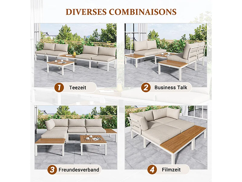 Salon de jardin en acier galvanisé et en bois Acacia - 2 canapés 2 places + table basse - Beige