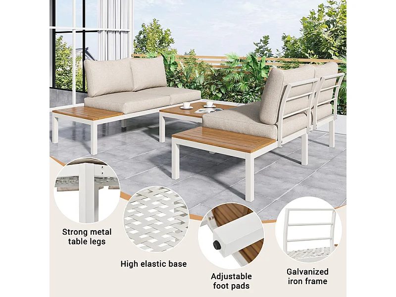 Salon de jardin en acier galvanisé et en bois Acacia - 2 canapés 2 places + table basse - Beige