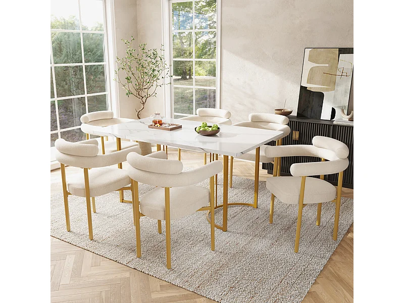 Ensemble table + 6 fauteuils creux en velours beige, pieds de design en métal, 140x80x75cm, Blanc et doré