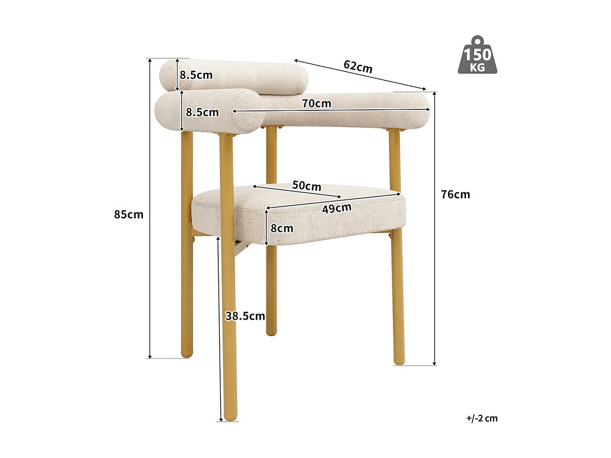 Ensemble table + 6 fauteuils creux en velours beige, pieds de design en métal, 140x80x75cm, Blanc et doré
