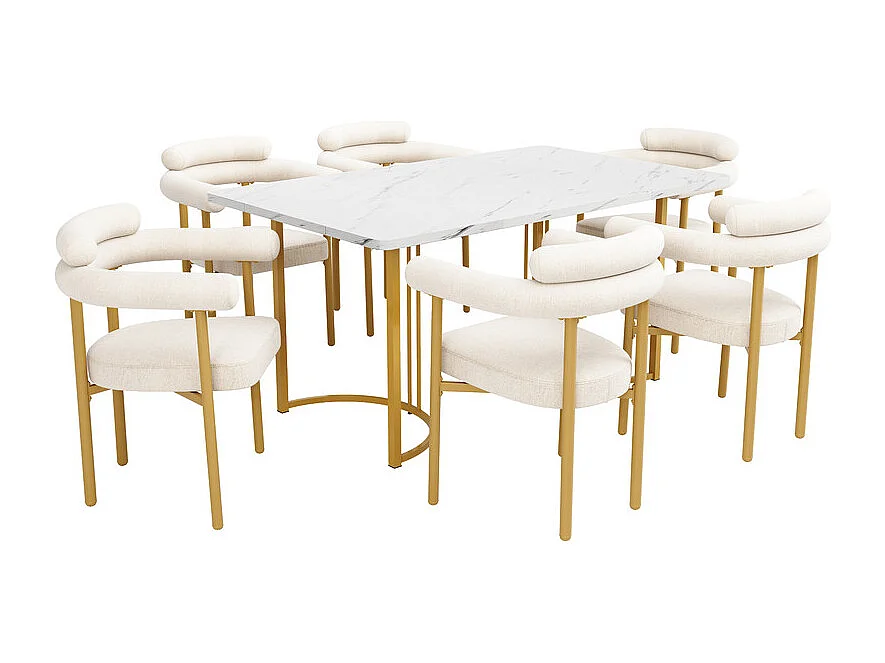 Ensemble table + 6 fauteuils creux en velours beige, pieds de design en métal, 140x80x75cm, Blanc et doré