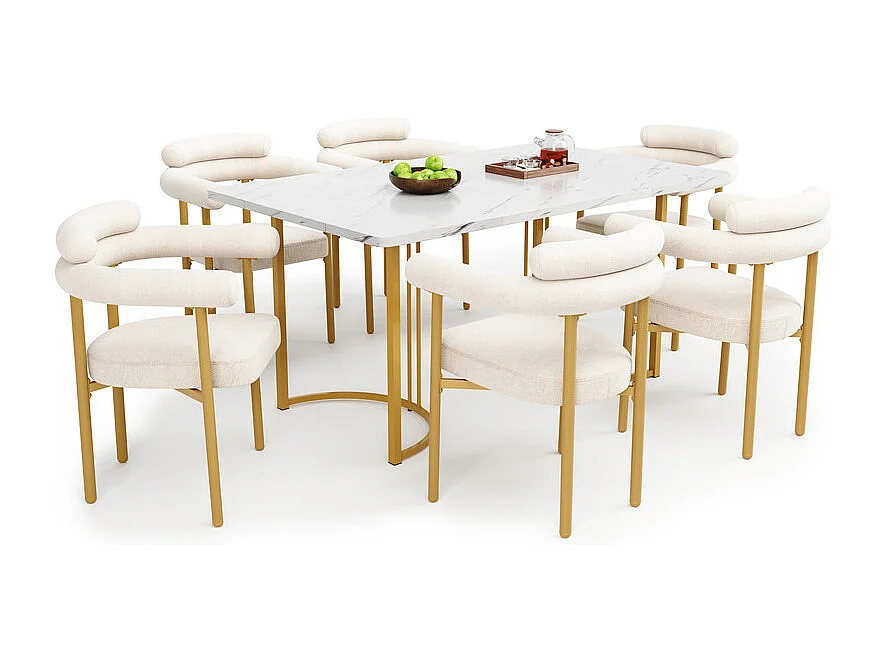 Ensemble table + 6 fauteuils creux en velours beige, pieds de design en métal, 140x80x75cm, Blanc et doré