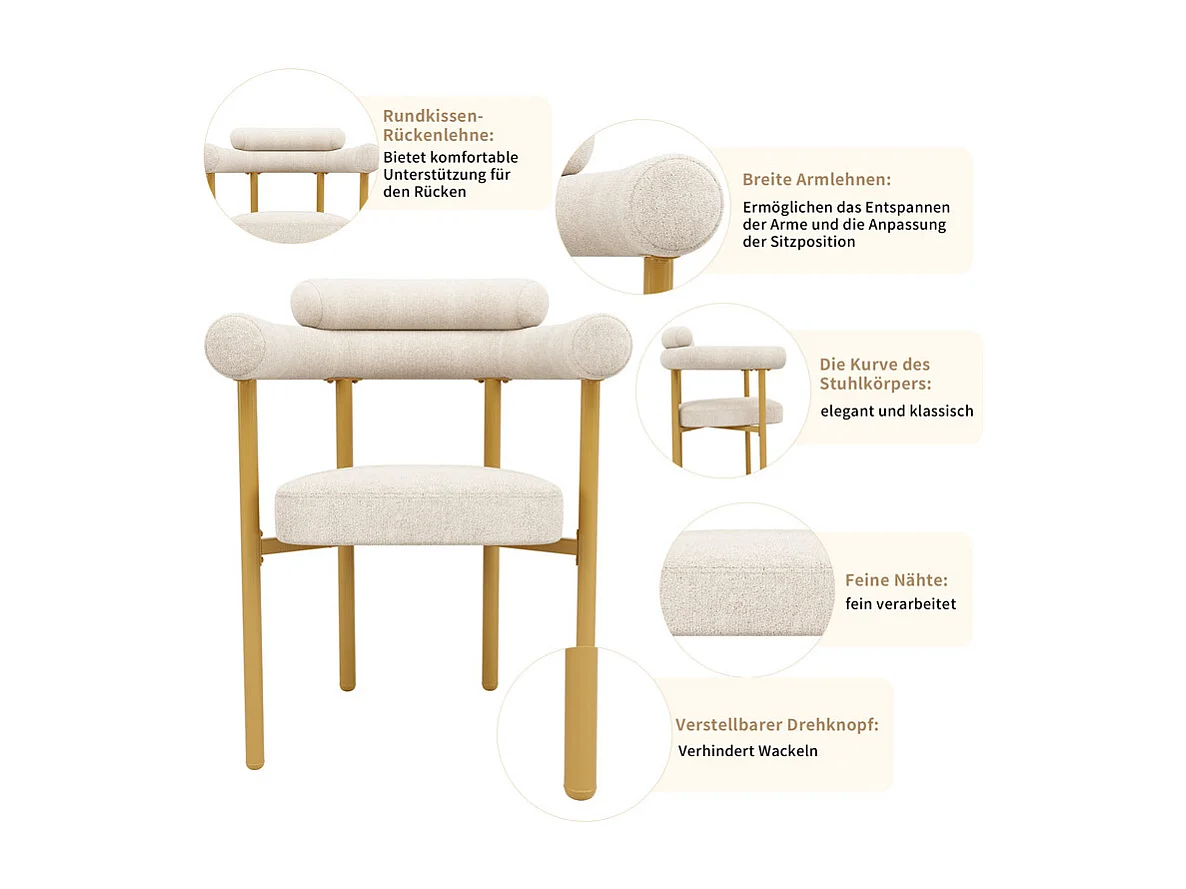 Ensemble table + 6 fauteuils creux en velours beige, pieds de design en métal, 140x80x75cm, Blanc et doré