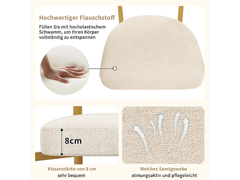 Ensemble table + 6 fauteuils creux en velours beige, pieds de design en métal, 140x80x75cm, Blanc et doré