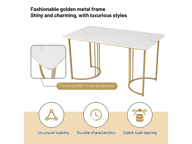 Ensemble table + 6 fauteuils creux en velours beige, pieds de design en métal, 140x80x75cm, Blanc et doré