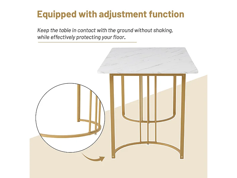 Ensemble table + 6 fauteuils creux en velours beige, pieds de design en métal, 140x80x75cm, Blanc et doré