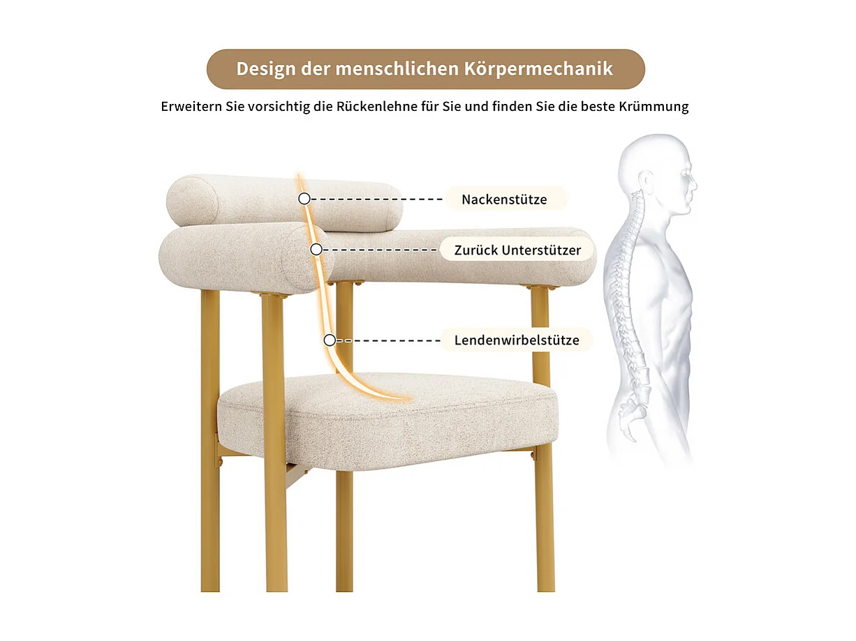Ensemble table + 6 fauteuils creux en velours beige, pieds de design en métal, 140x80x75cm, Blanc et doré