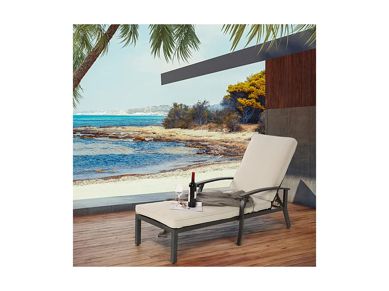 Chaise longue de jardin en aluminium avec coussin de coton - 5 niveau dossier réglable - charge max 120kg - Beige