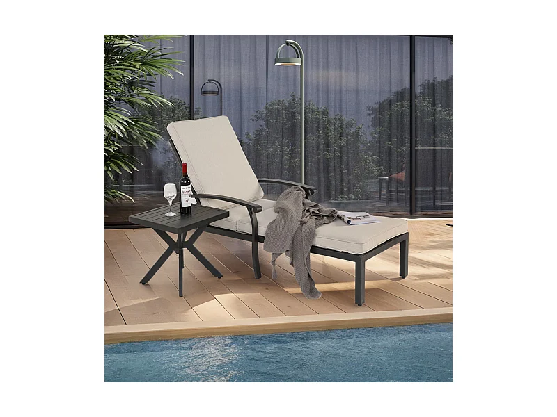 Chaise longue de jardin en aluminium avec coussin de coton - 5 niveau dossier réglable - charge max 120kg - Beige