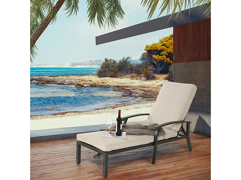 Chaise longue de jardin en aluminium avec coussin de coton - 5 niveau dossier réglable - charge max 120kg - Beige