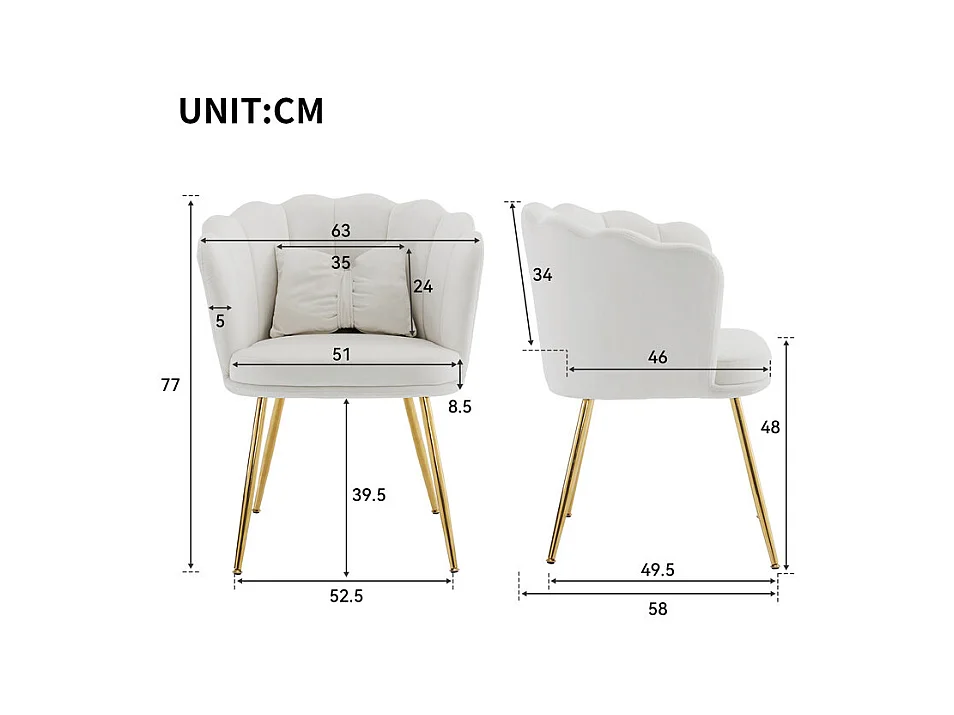 Sessel aus beigem Samt - mit Kissen - goldene Metallfüße - 63x58x77cm