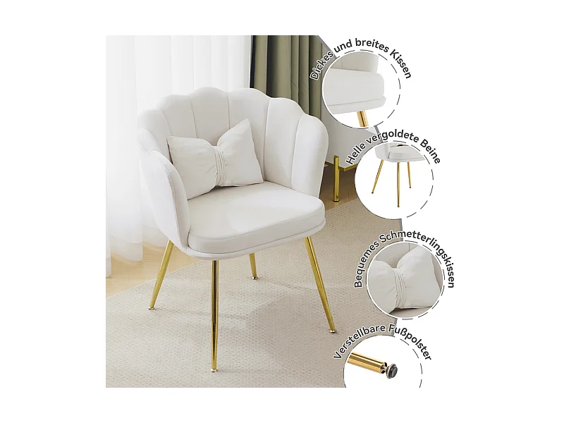 Sessel aus beigem Samt - mit Kissen - goldene Metallfüße - 63x58x77cm