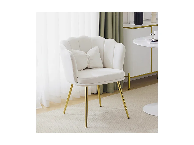 Fauteuil en velours beige - avec oreillers - pieds en métal doré - 63x58x77cm