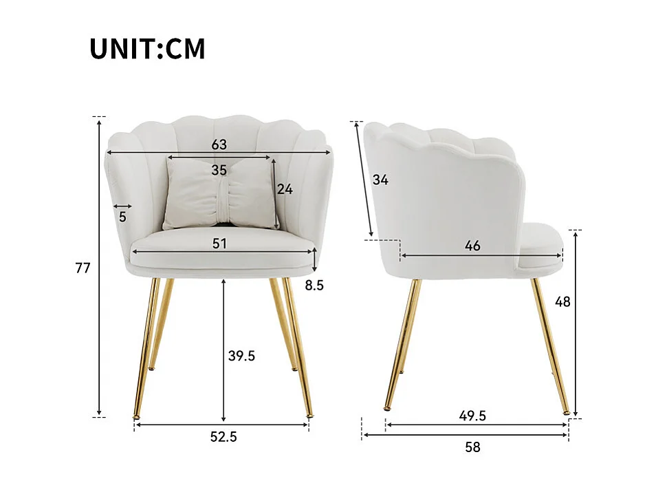 Fauteuil en velours beige - avec oreillers - pieds en métal doré - 63x58x77cm