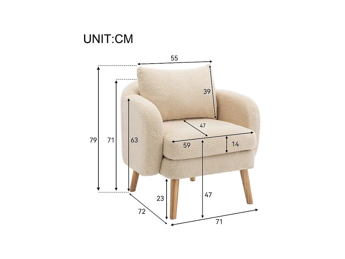 Fauteuil in bouclé stof - met kussen - massief houten poten - max. belasting 150kg - 71x72x71cm - Beige