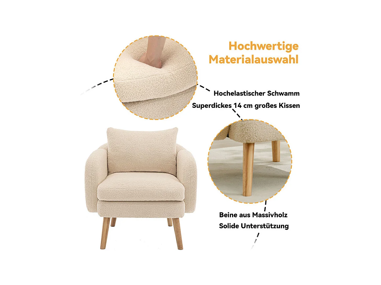 Fauteuil in bouclé stof - met kussen - massief houten poten - max. belasting 150kg - 71x72x71cm - Beige