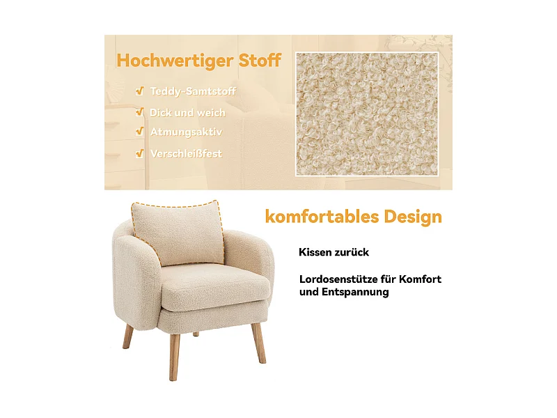 Fauteuil in bouclé stof - met kussen - massief houten poten - max. belasting 150kg - 71x72x71cm - Beige