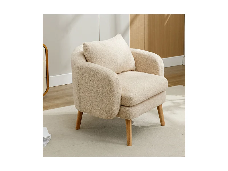 Fauteuil en tissu bouclette - avec oreiller - pieds en bois massif - charge max 150kg - 71x72x71cm - Beige