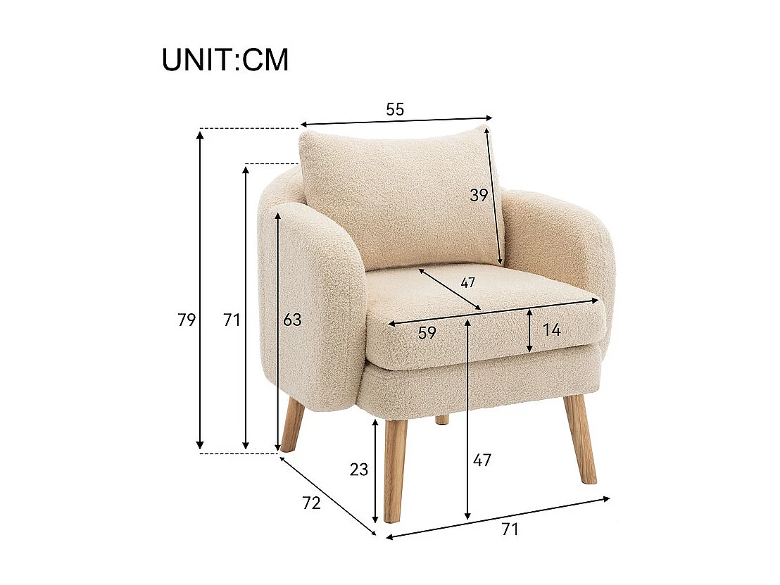 Fauteuil en tissu bouclette - avec oreiller - pieds en bois massif - charge max 150kg - 71x72x71cm - Beige
