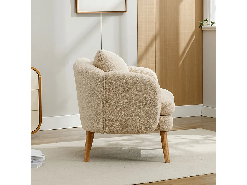 Fauteuil en tissu bouclette - avec oreiller - pieds en bois massif - charge max 150kg - 71x72x71cm - Beige