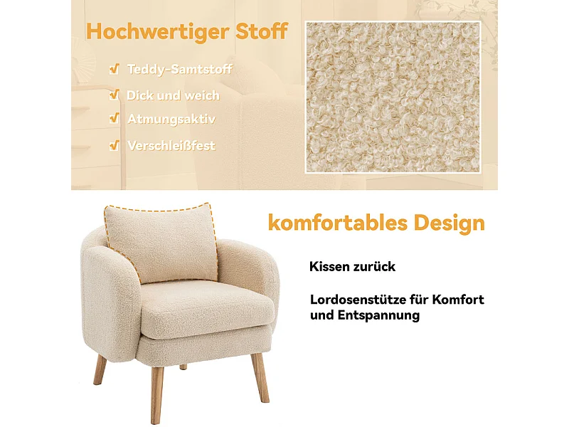 Fauteuil en tissu bouclette - avec oreiller - pieds en bois massif - charge max 150kg - 71x72x71cm - Beige