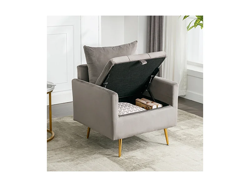 Fauteuil 1 place en velours moderne - avec rangement et 3 oreillers - pieds en métal doré - 71x71x76cm - Gris