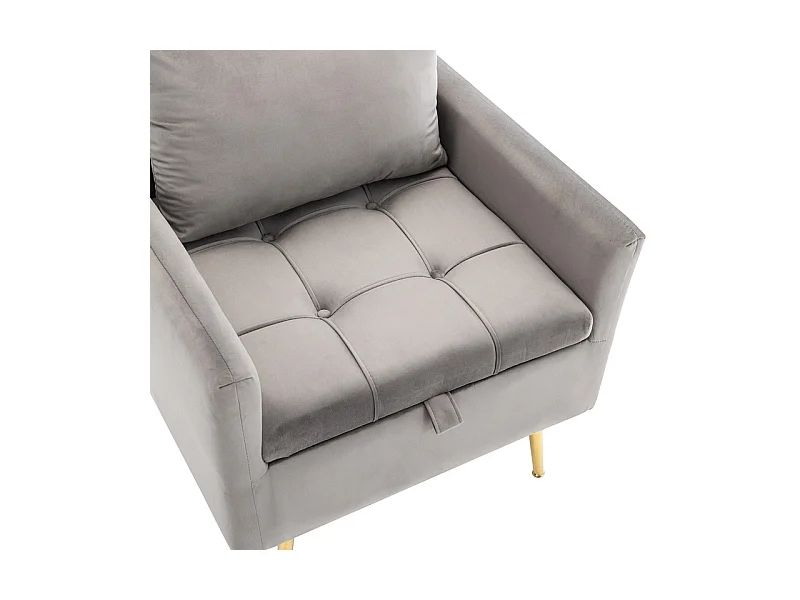 Fauteuil 1 place en velours moderne - avec rangement et 3 oreillers - pieds en métal doré - 71x71x76cm - Gris