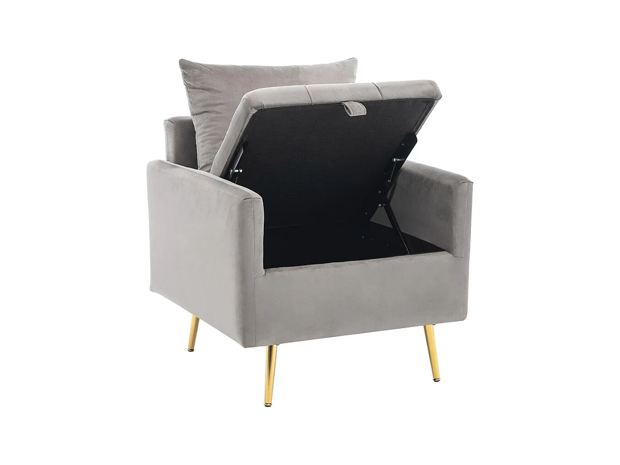 Fauteuil 1 place en velours moderne - avec rangement et 3 oreillers - pieds en métal doré - 71x71x76cm - Gris