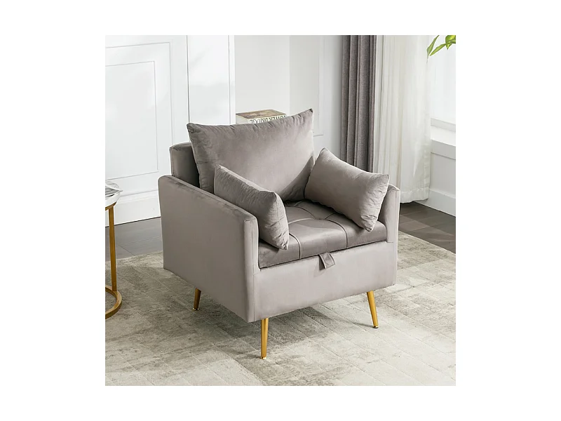 Fauteuil 1 place en velours moderne - avec rangement et 3 oreillers - pieds en métal doré - 71x71x76cm - Gris
