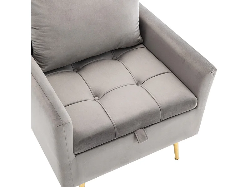Fauteuil 1 place en velours moderne - avec rangement et 3 oreillers - pieds en métal doré - 71x71x76cm - Gris