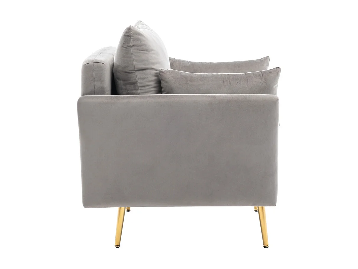 Fauteuil 1 place en velours moderne - avec rangement et 3 oreillers - pieds en métal doré - 71x71x76cm - Gris