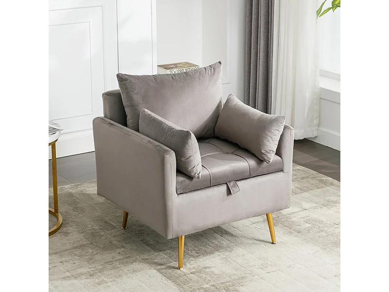 Fauteuil 1 place en velours moderne - avec rangement et 3 oreillers - pieds en métal doré - 71x71x76cm - Gris