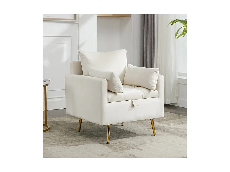 Fauteuil 1 place en velours moderne - avec rangement et 3 oreillers - pieds en métal doré - 71x71x76cm - Beige