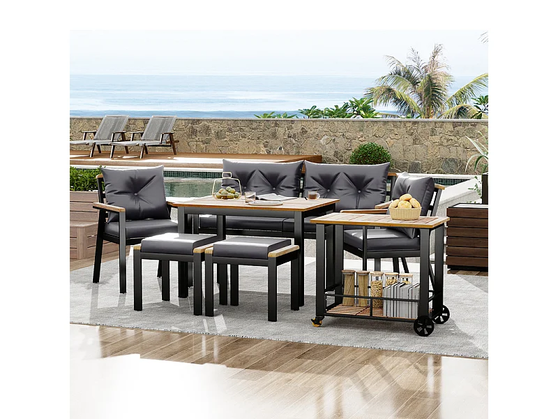 Table à manger et chaise en bois d'Acacia, 6 à 7 personnes, canapé, 2 fauteuils, 2 tabourets et desserte de cuisine à roulettes