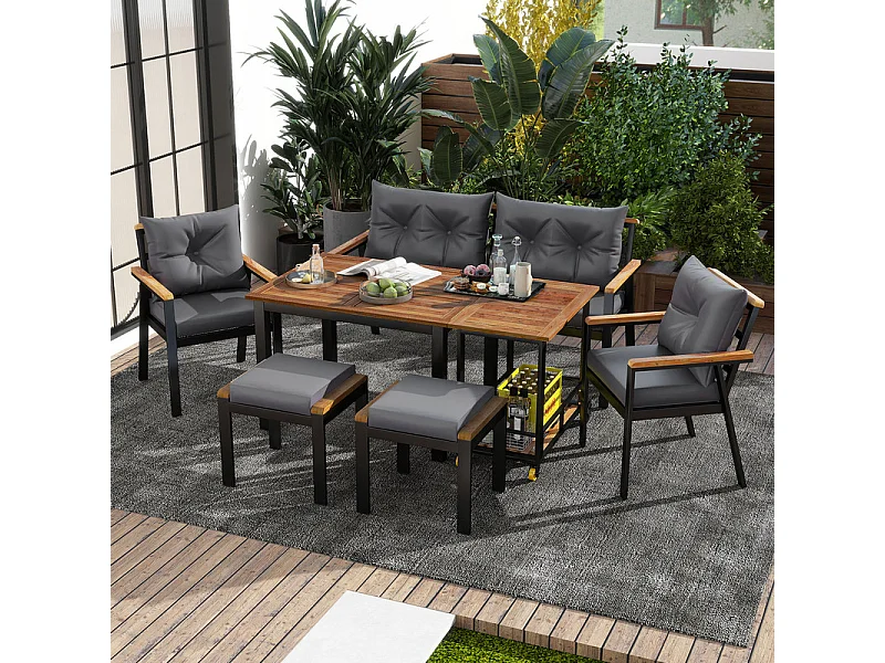 Table à manger et chaise en bois d'Acacia, 6 à 7 personnes, canapé, 2 fauteuils, 2 tabourets et desserte de cuisine à roulettes