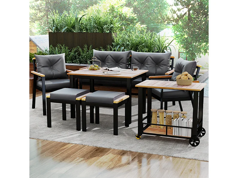 Table à manger et chaise en bois d'Acacia, 6 à 7 personnes, canapé, 2 fauteuils, 2 tabourets et desserte de cuisine à roulettes