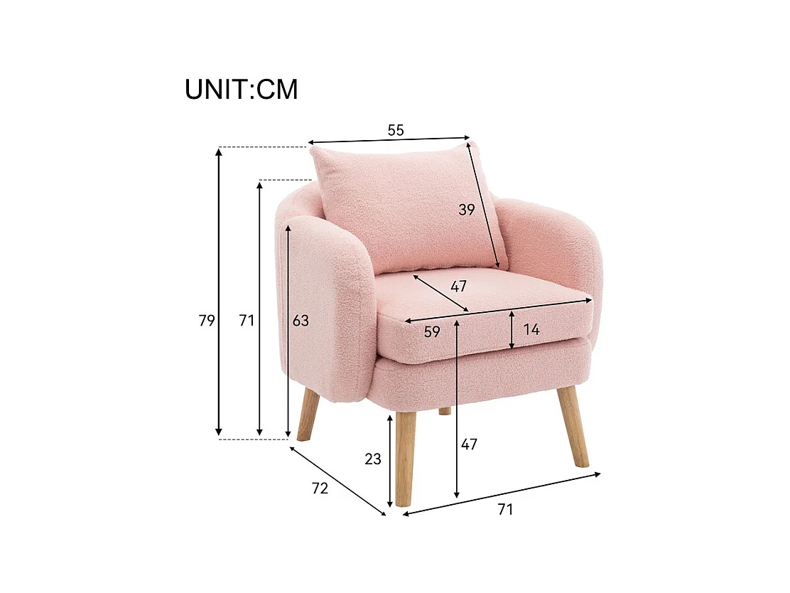 Sessel aus Bouclé-Stoff - mit Kissen - Massivholzfüße - max. Belastung 150kg - 71x72x71cm - Rosa