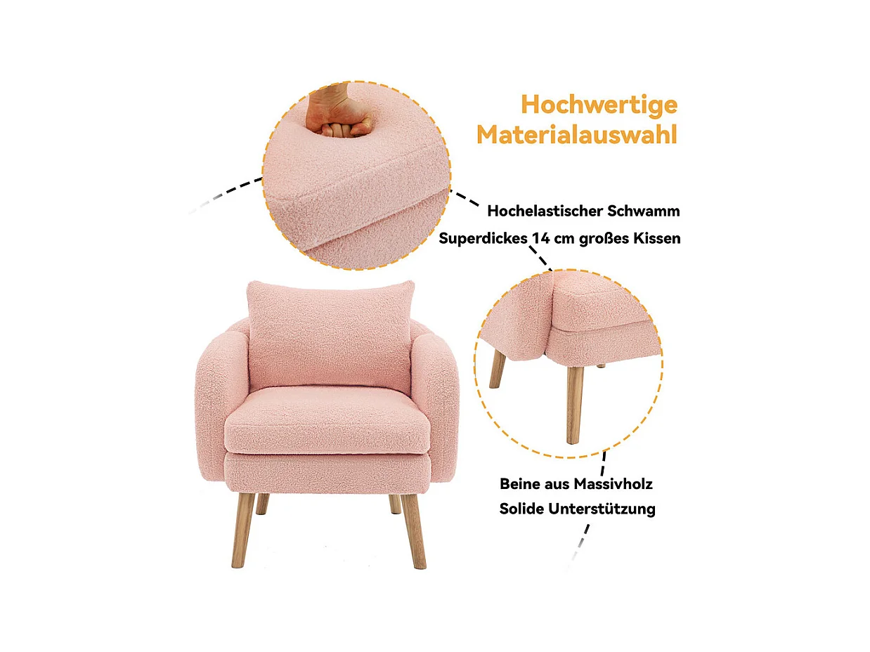 Sessel aus Bouclé-Stoff - mit Kissen - Massivholzfüße - max. Belastung 150kg - 71x72x71cm - Rosa