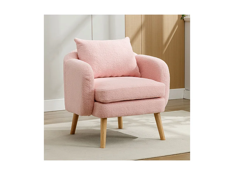 Fauteuil en tissu bouclette - avec oreiller - pieds en bois massif - charge max 150kg - 71x72x71cm - Rose