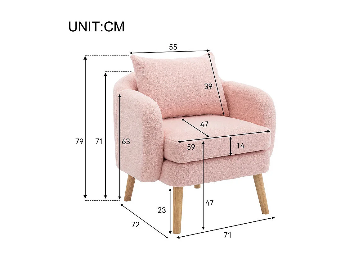 Fauteuil en tissu bouclette - avec oreiller - pieds en bois massif - charge max 150kg - 71x72x71cm - Rose