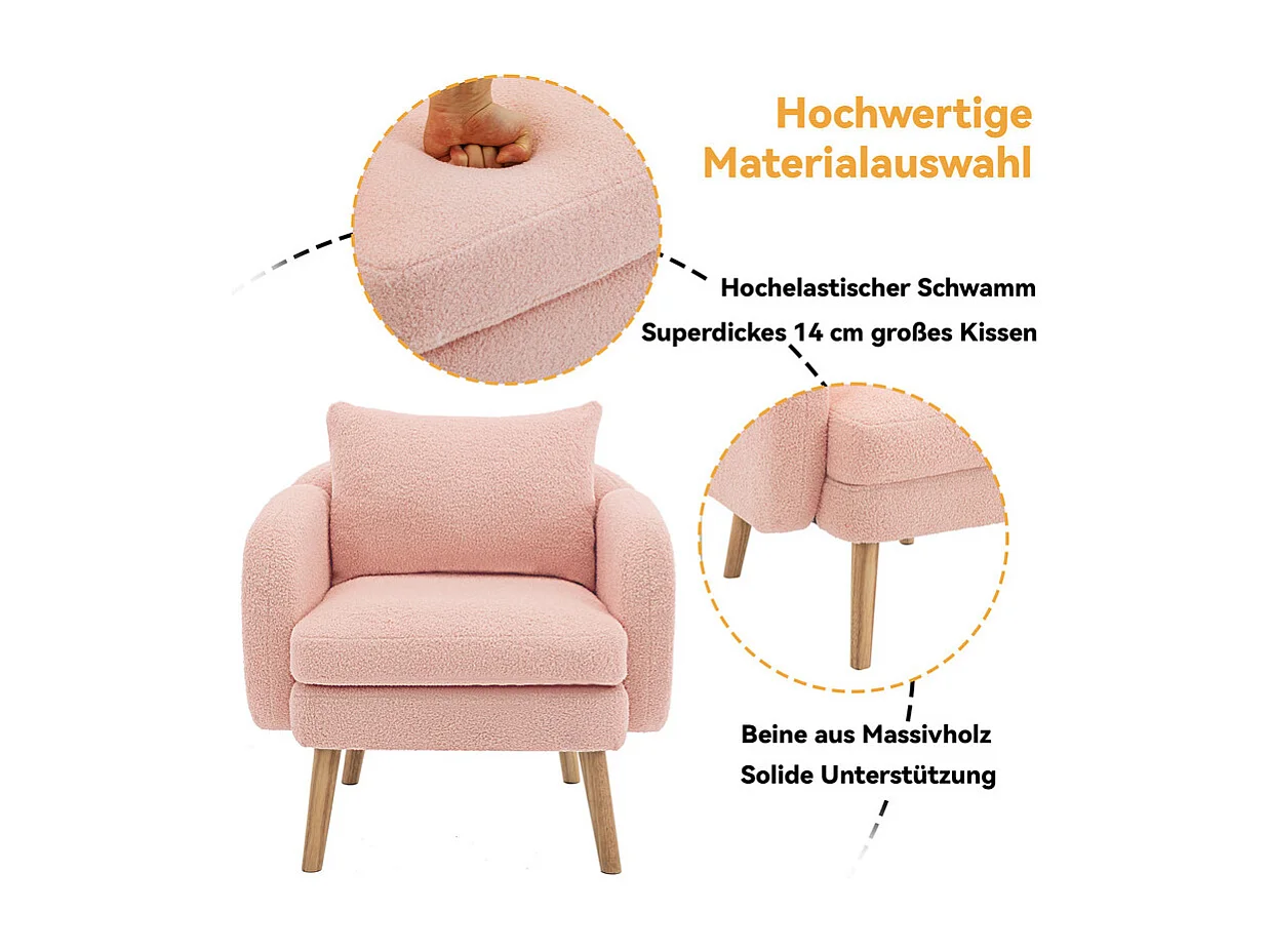 Fauteuil en tissu bouclette - avec oreiller - pieds en bois massif - charge max 150kg - 71x72x71cm - Rose