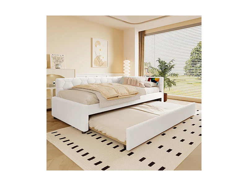 Nestbank-Bett 90 x 200 cm aus weißem Samt - mit Nachttischlampe und USB + Typ C