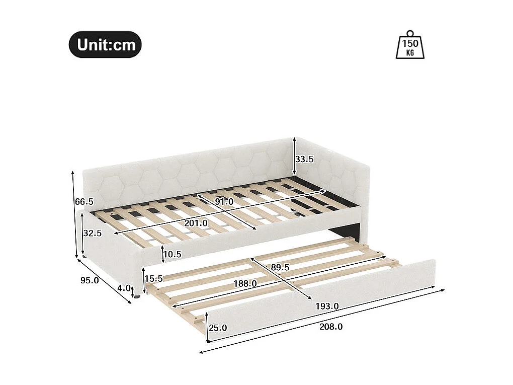 Lit gigogne banquette 90 x 200 cm en velours blanc - avec lampe de chevet et USB + type C
